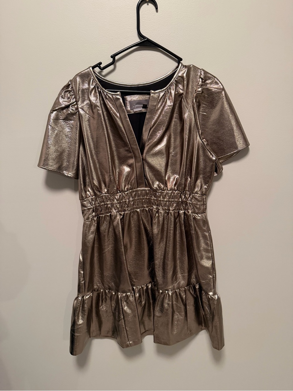 Anthropologie Metallic Gold Tiered Short Sleeve Party Dress